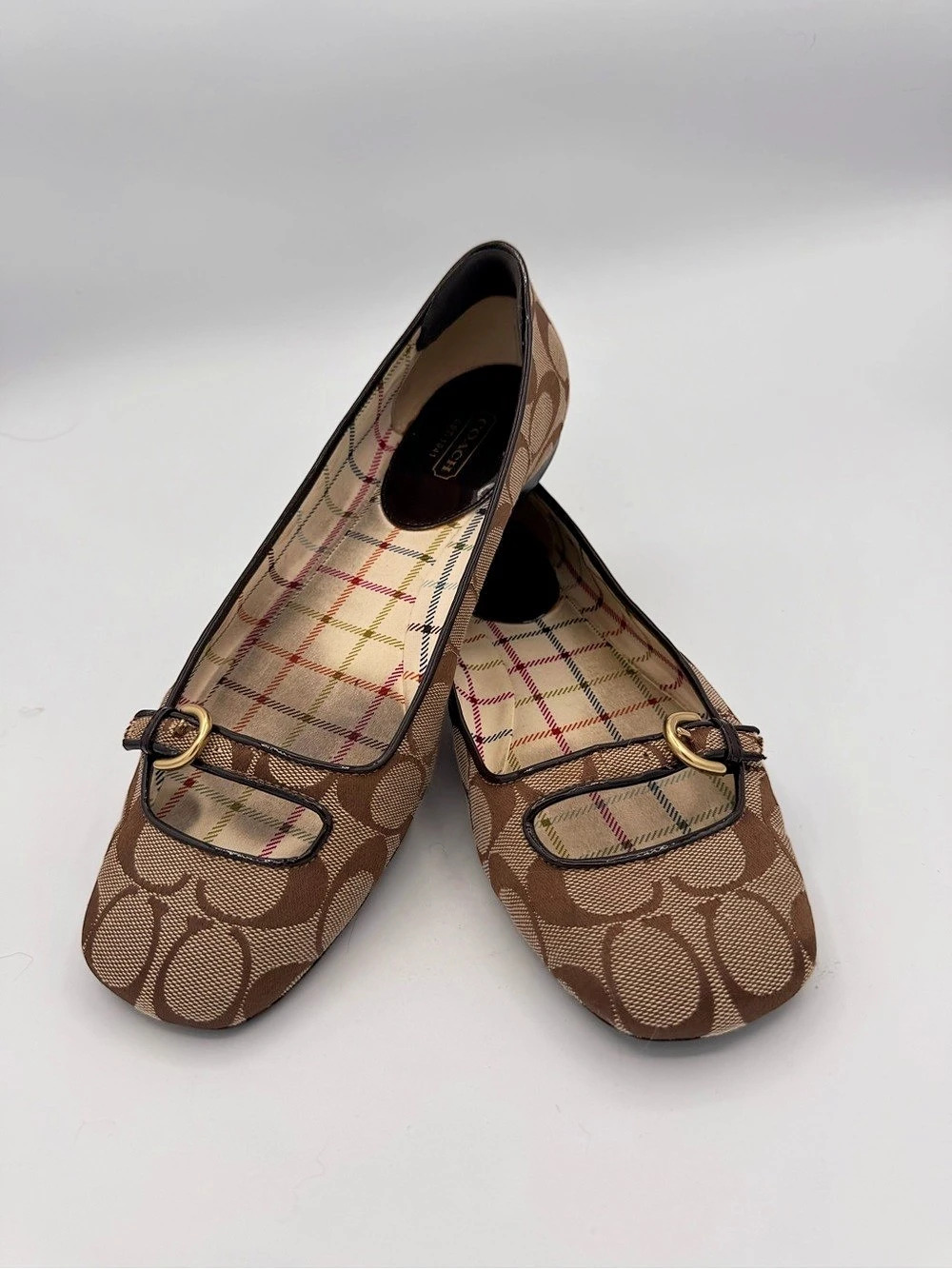 Coach Helen Flat Loafers Plaid Buckle Flats Brown & Tan US 7.5